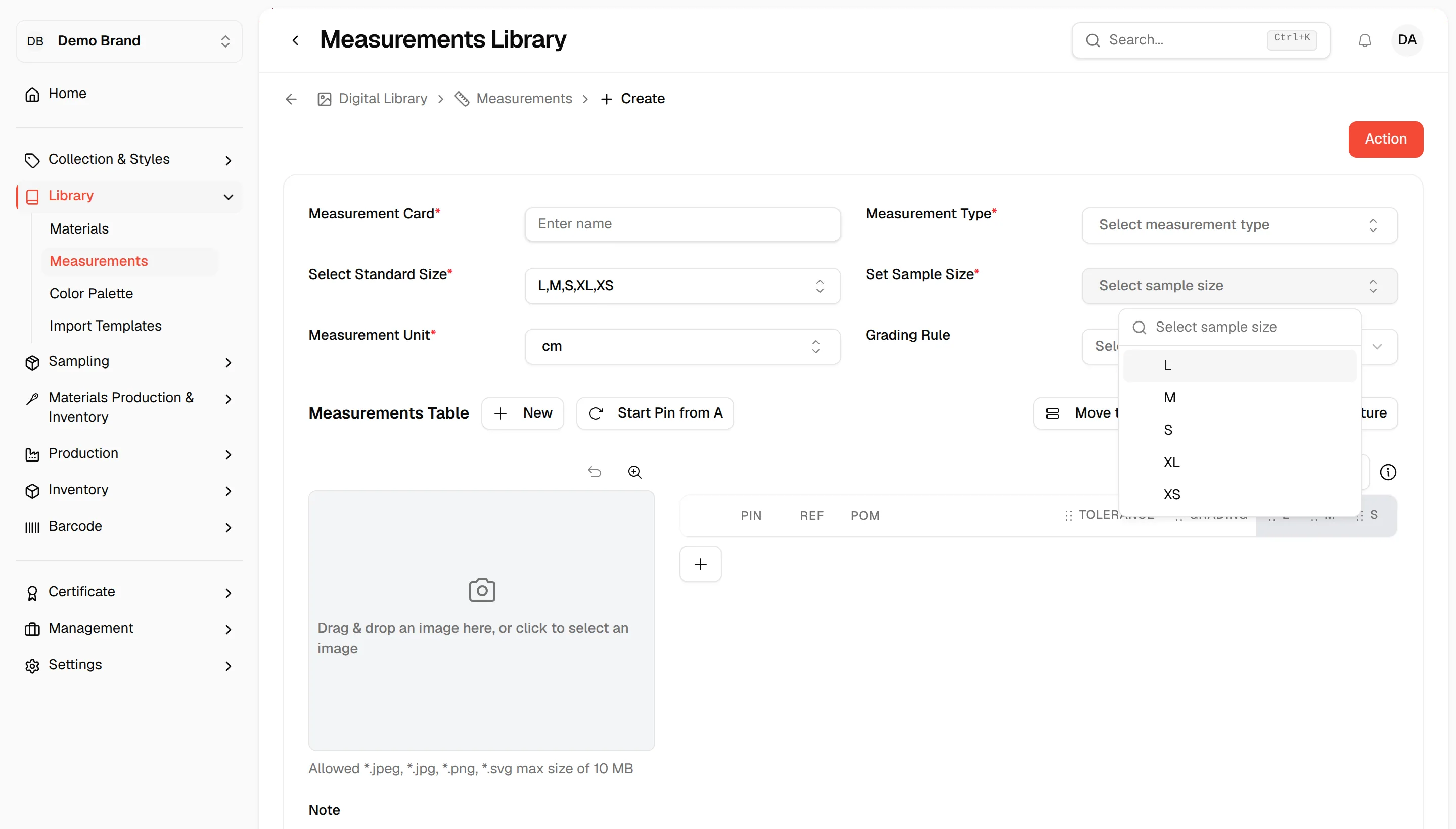 The Set Sample Size dropdown offering the sizes of the chosen standard size range