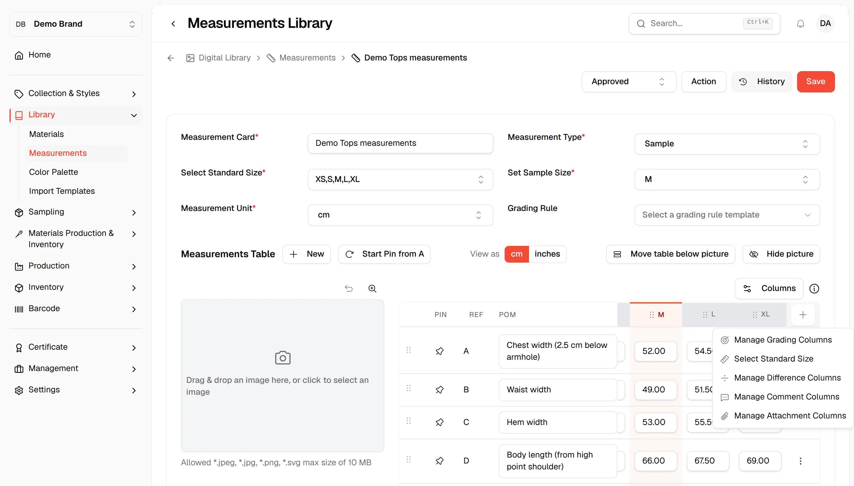 The plus menu at the right end of the table header with the grading, size, difference, comment and attachment options