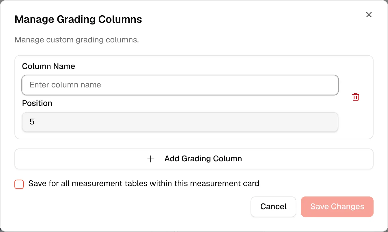 The Manage Grading Columns window with a new column entry and the Save for all measurement tables option
