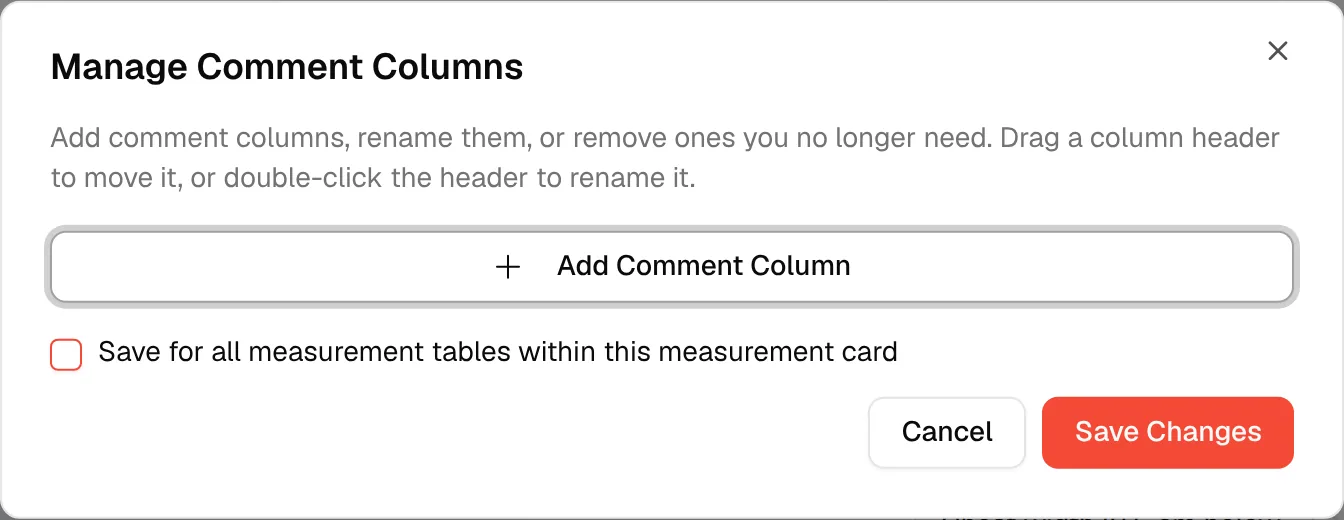 The Manage Comment Columns window with the Add Comment Column button