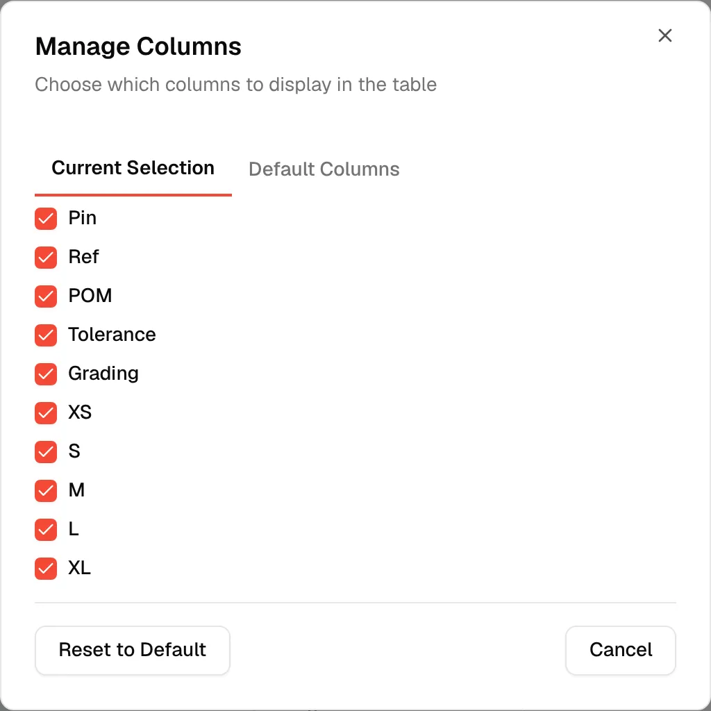The Manage Columns window with the Current Selection and Default Columns tabs