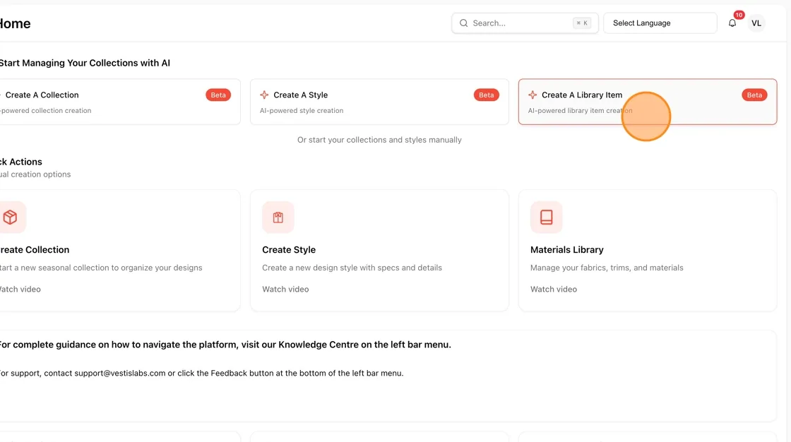 On the Home screen, find the Create A Library Item card under "Start Managing Your Collections with AI".