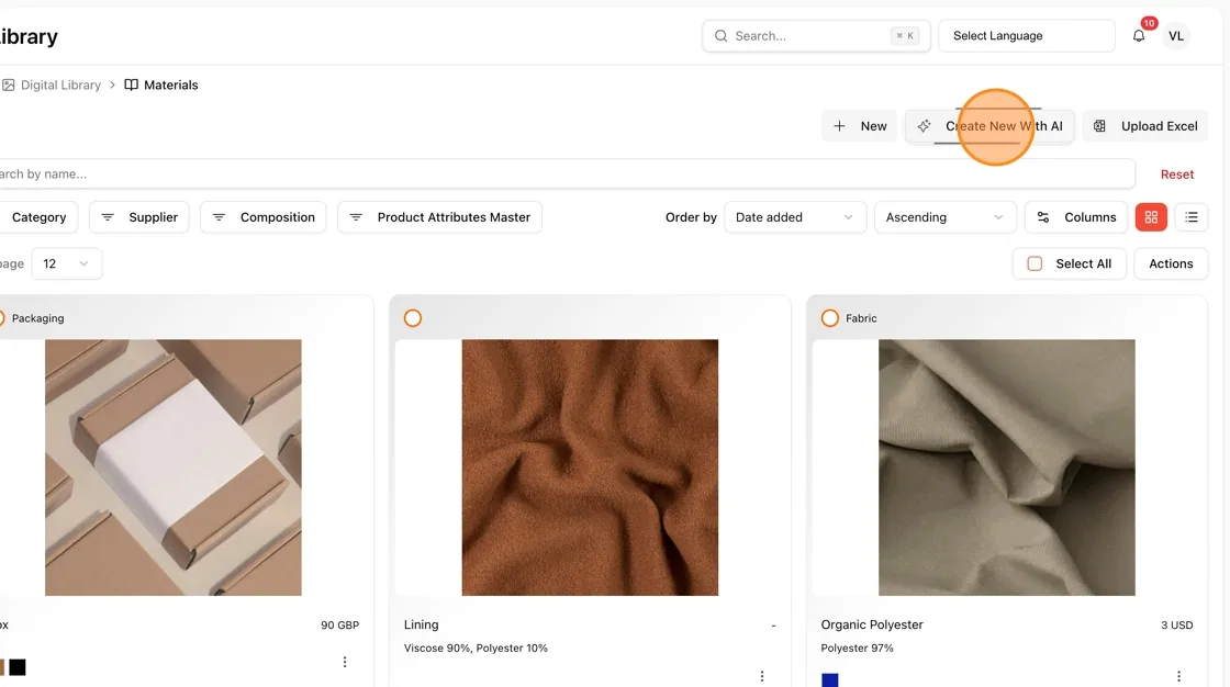 In the sidebar, expand Library and click Materials.
