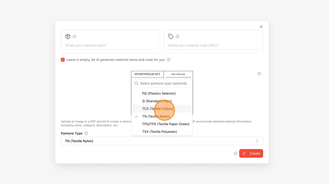 Click the Pantone Type dropdown and choose the standard that matches your material — for example TCX (Textile Cotton), TN…