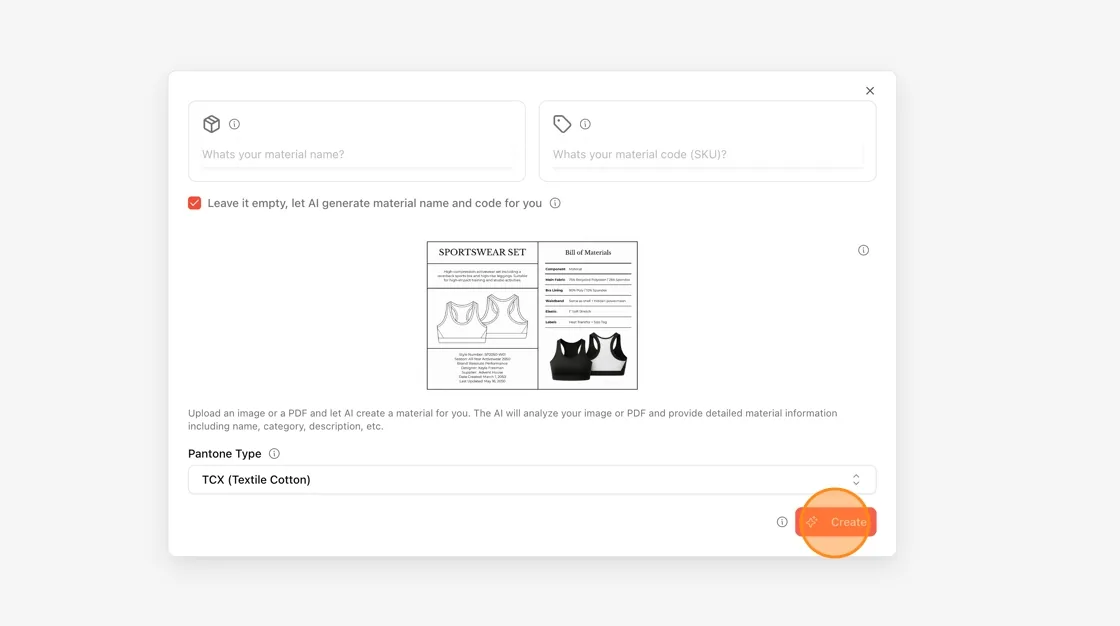 Once a file is uploaded and Pantone type is selected, the red Create button becomes active.