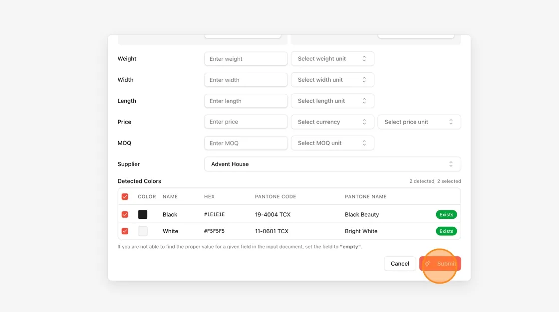 The AI shows a Detected Colors table listing each color with its name, HEX value, Pantone code, and Pantone name.