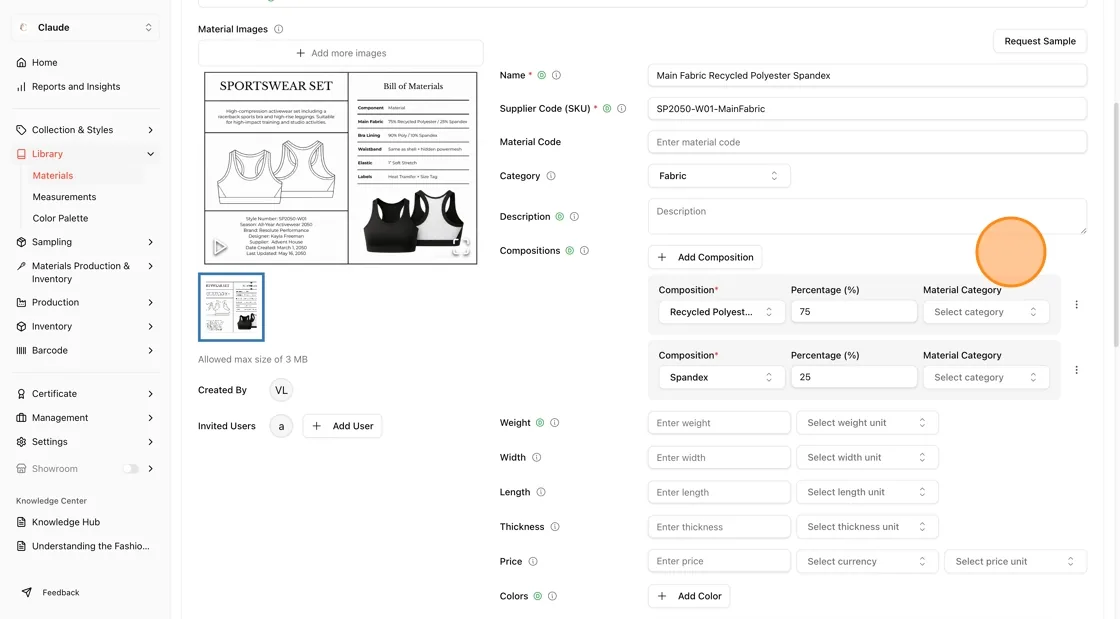 Scroll through the record to complete any fields the AI could not extract: weight, width, length, thickness, price, MOQ,…