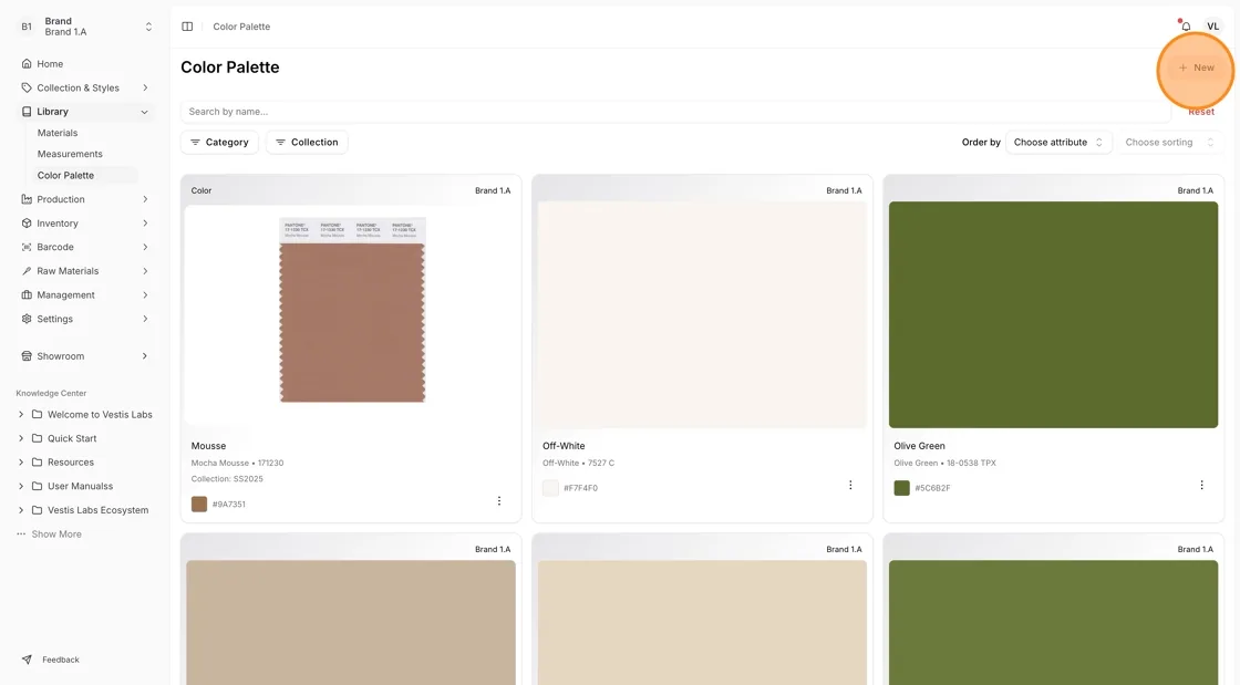 Click the "New" button to begin creating a new color palette entry.