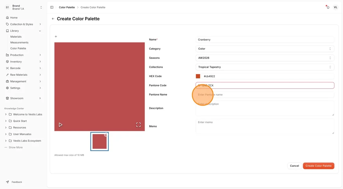 Enter the Pantone Code and the Pantone Name in the corresponding field.