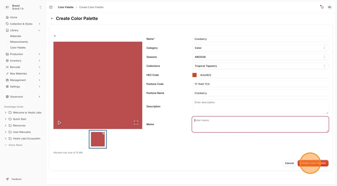 Click "Create Color Palette" to save your new color palette entry.