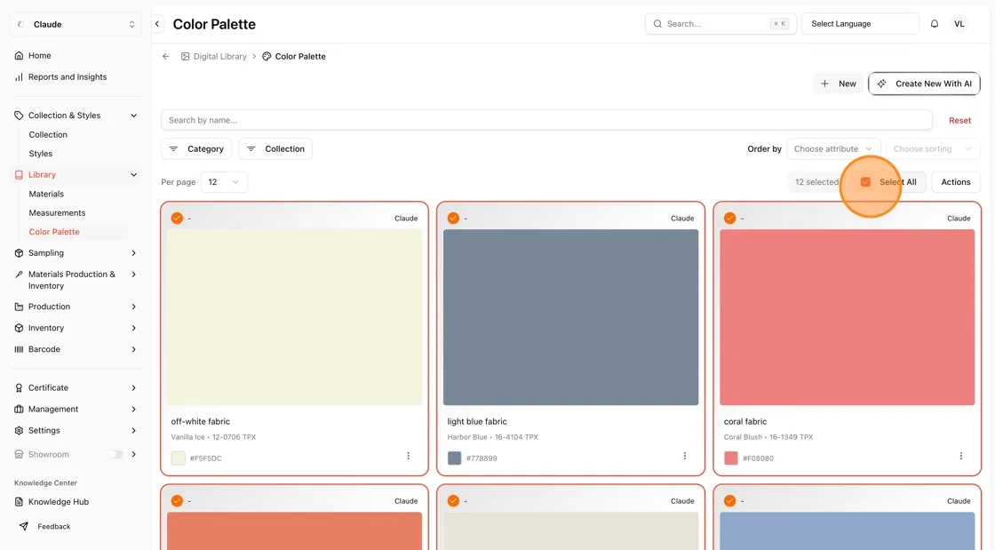 To select all visible color palettes at once, click the Select All checkbox in the top-right area of the page.