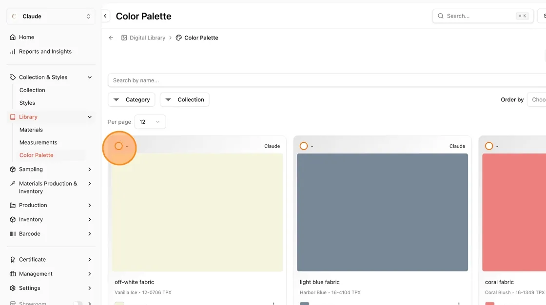To select a color palette, click the circle checkbox in the top-left corner of a color card.