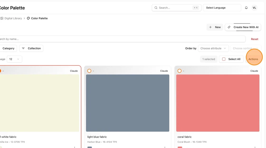 With one or more color palettes selected, click the Actions button in the top-right area of the page.