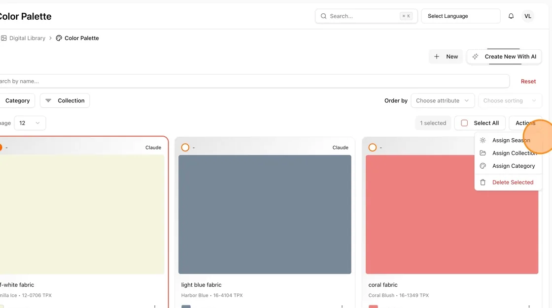 With one or more color palettes selected, click the Actions button in the top-right area of the page.
