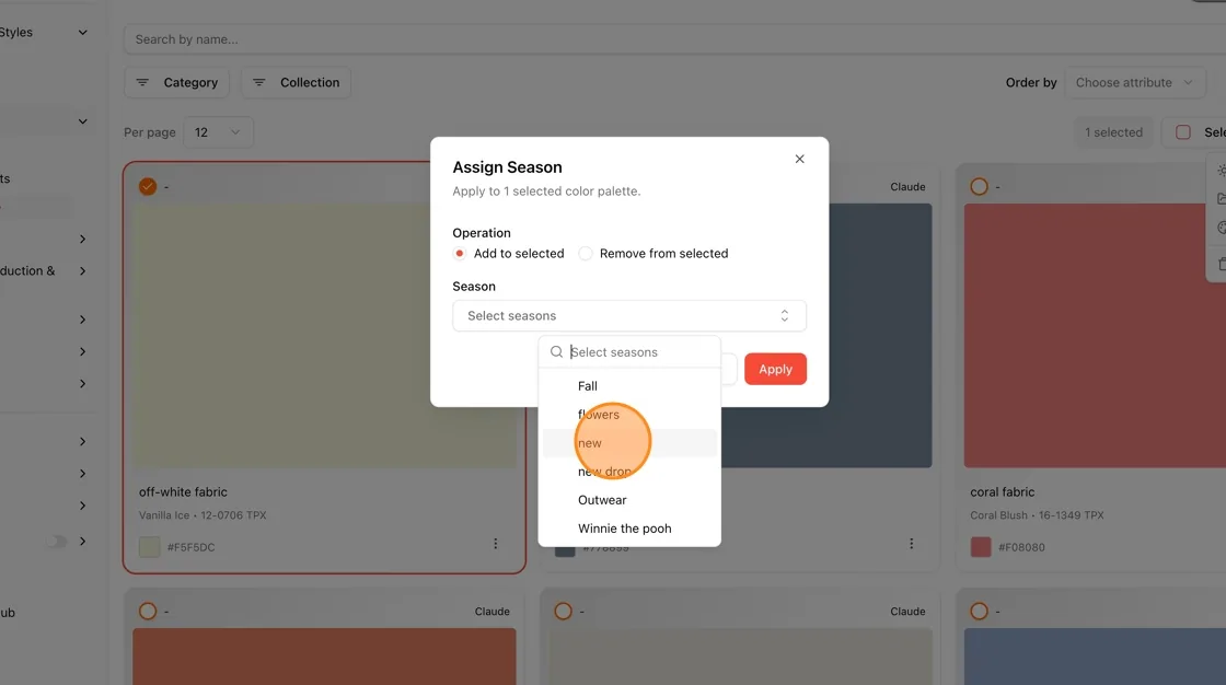 Click Apply to save the season assignment, or Cancel to close without making changes.