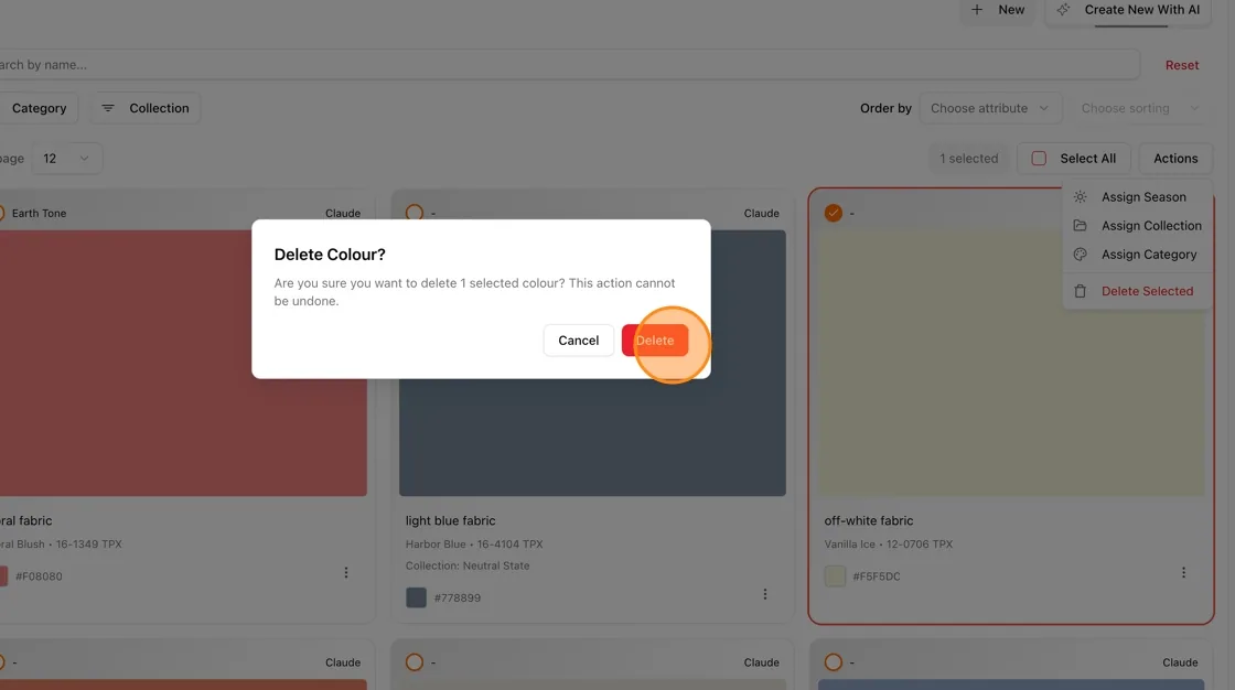 Click Delete to permanently delete the selected color palette(s), or click Cancel to go back without deleting.