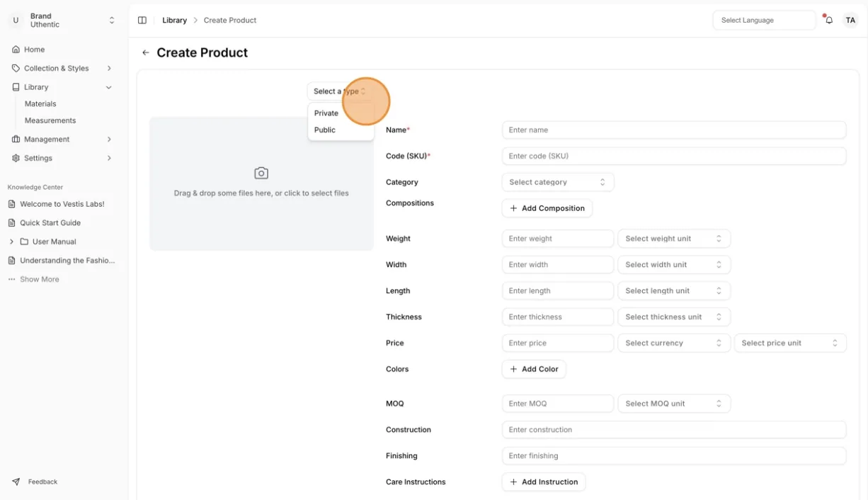 Select the type of product to be shown as public or private.