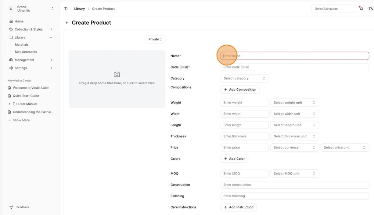 In the Create Product page, you must fill out all the required fields.