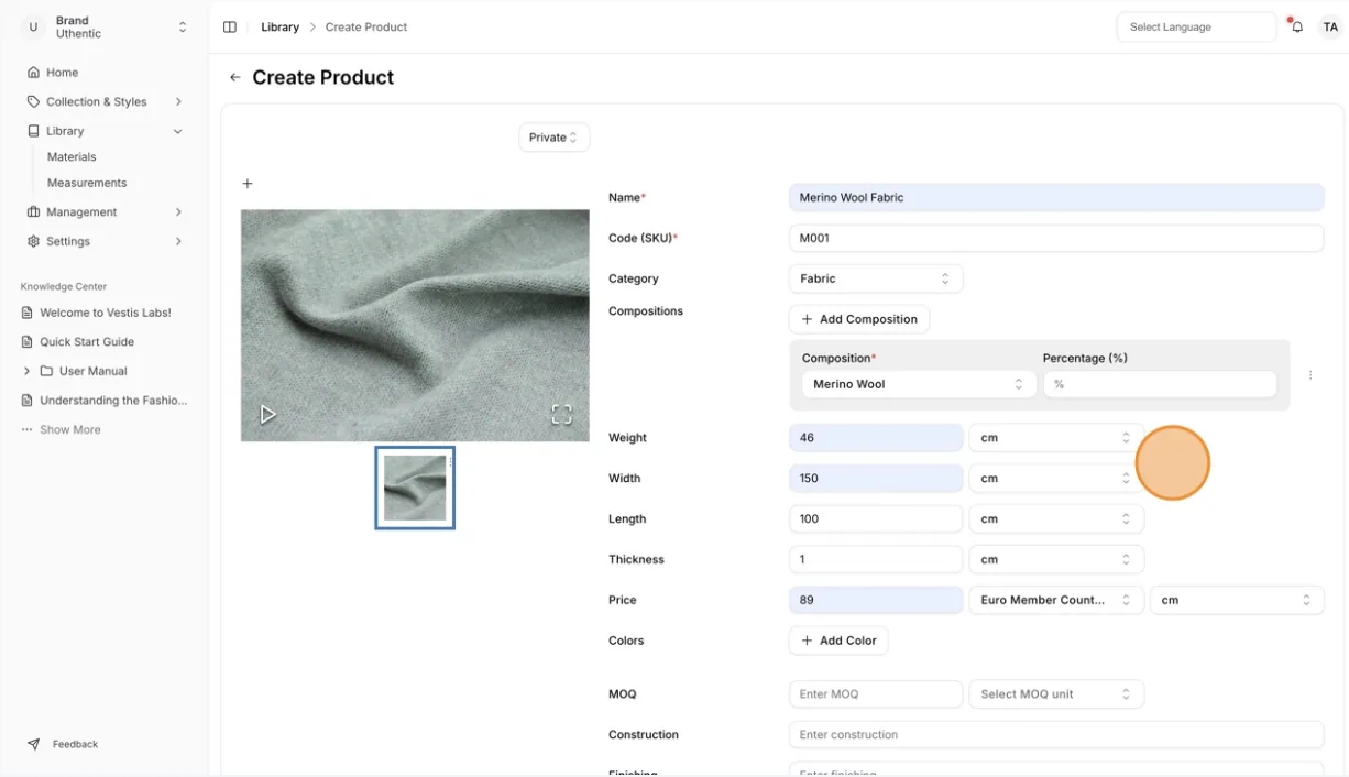Fill out all the required fields of the Dimensions product.
