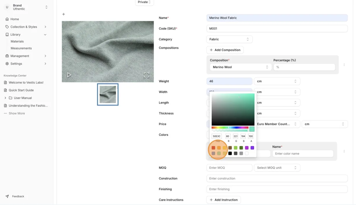 Color: Select the product color code and enter the color name in the color code field.