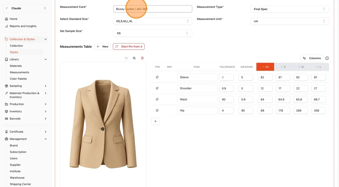 Update the Measurement Card name (e.g., Blussy Jacket / JAC-001), Measurement Type (e.g., Final Spec), Select Standard Size…