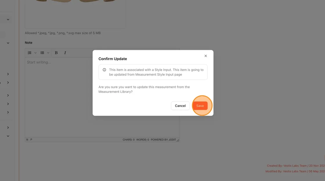 Since this measurement is linked to a Style Input, a Confirm Update modal appears, warning.