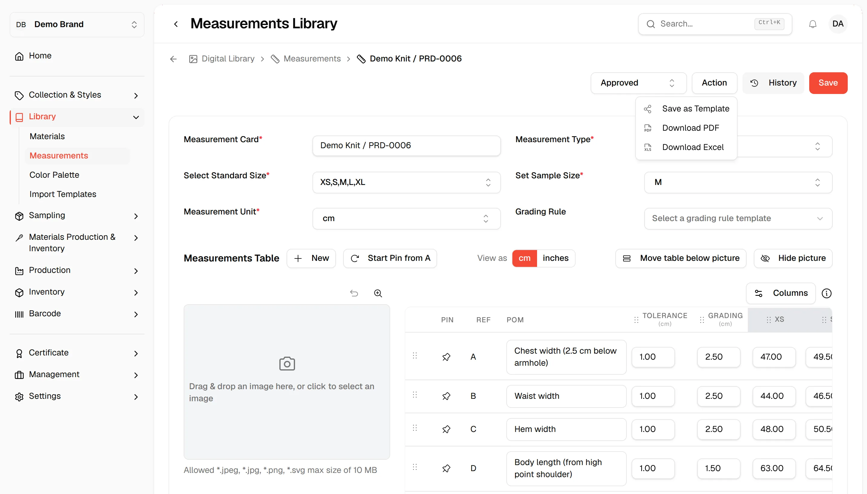 The Action menu at the top right of a measurement card with Save as Template, Download PDF and Download Excel