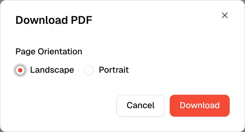 The Download PDF window opened from the card, with Landscape and Portrait page orientation