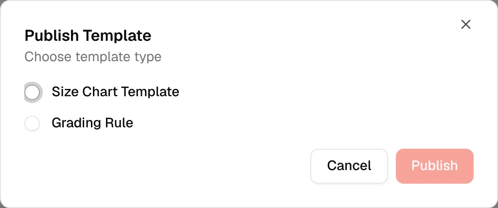The Publish Template window asking for Size Chart Template or Grading Rule, with Cancel and Publish