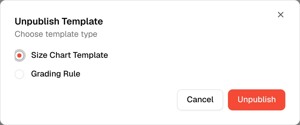 The Unpublish Template window for a card that is already a template, with Cancel and Unpublish