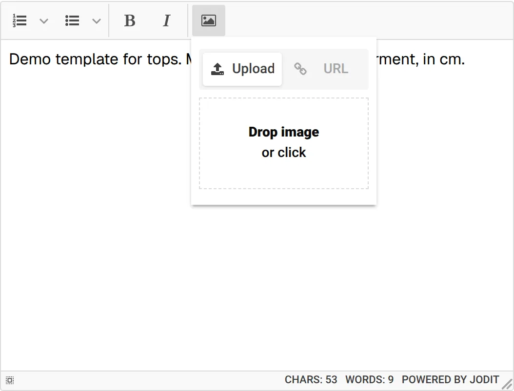 The image option of the Note editor open with its Upload area for dropping or choosing a picture