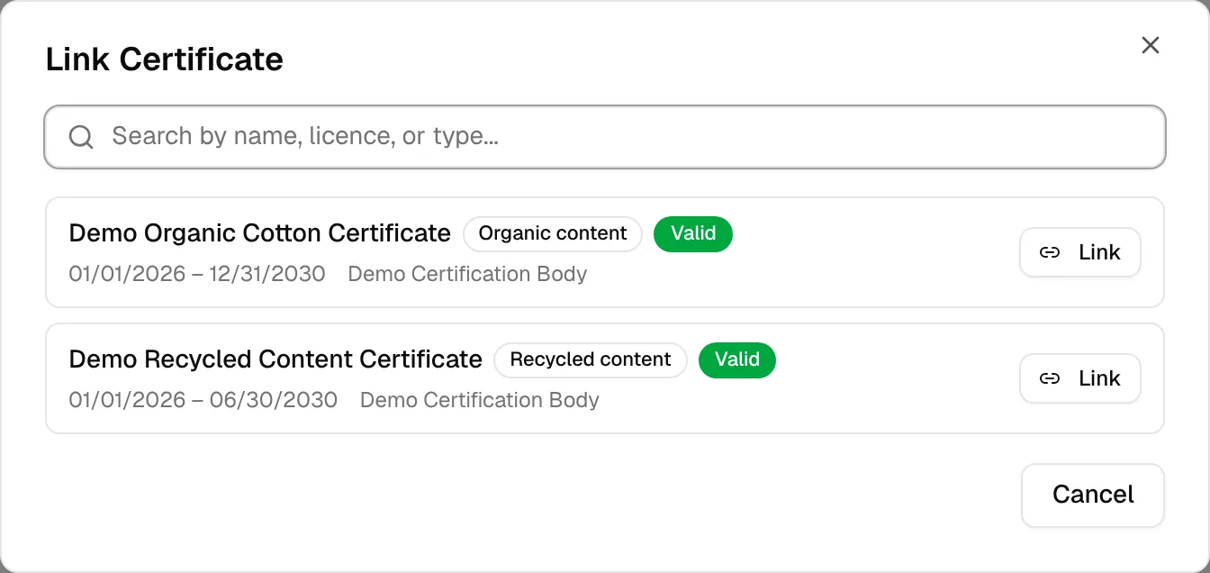 The Link Certificate dialog listing the certificates that are not yet linked to the material