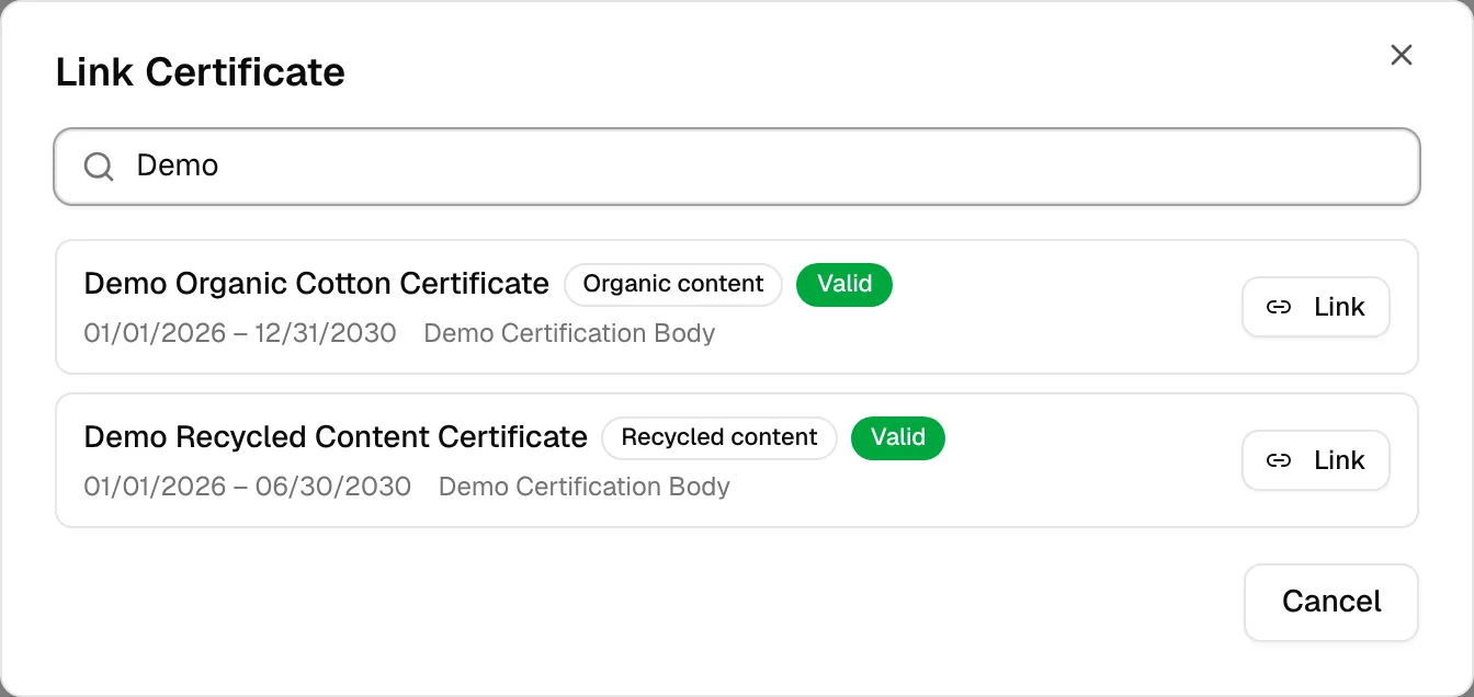 The Link Certificate dialog with a search typed in the Search by name, licence, or type field
