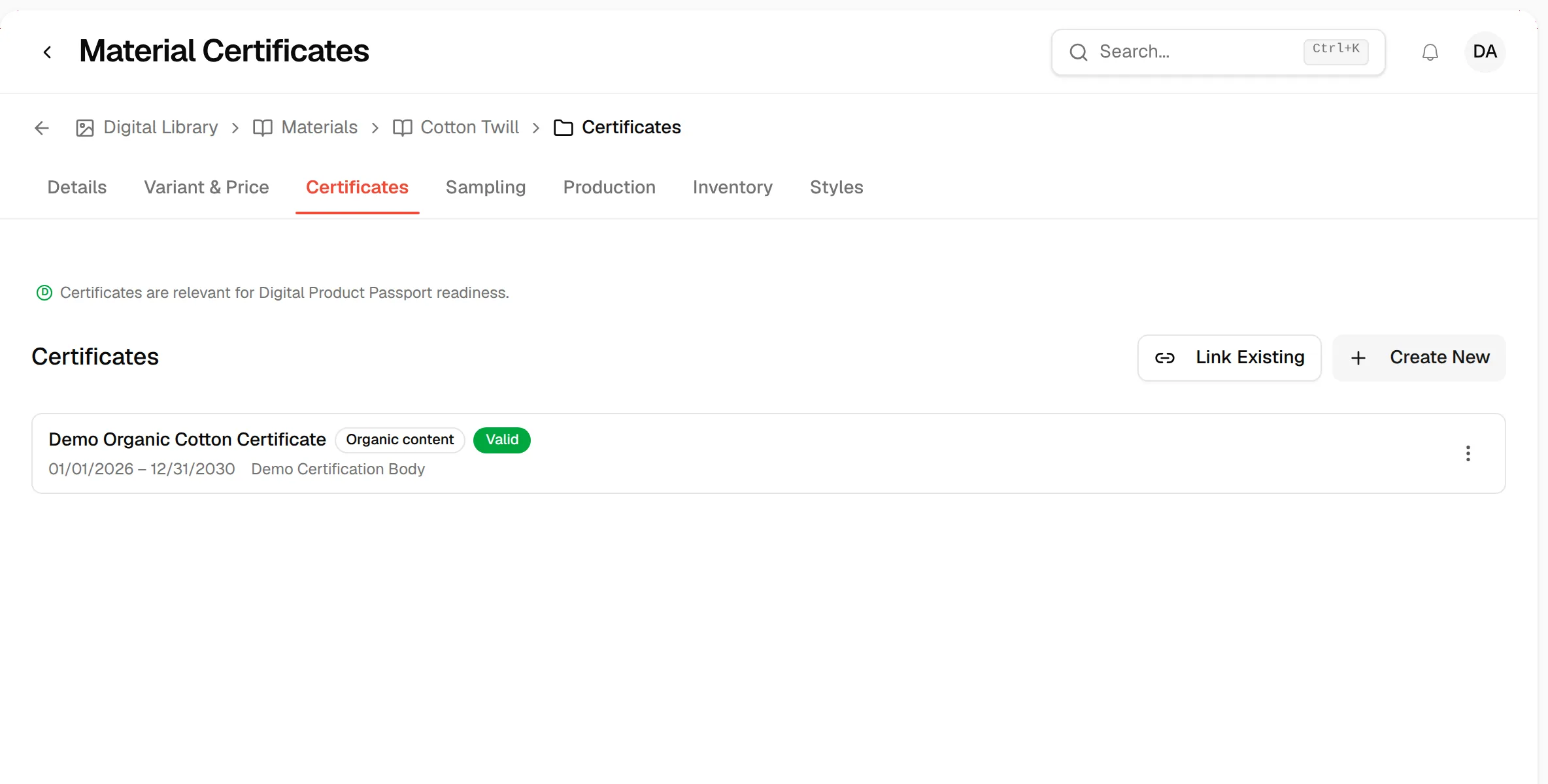 The Certificates tab with a linked certificate shown as a card with its type and status