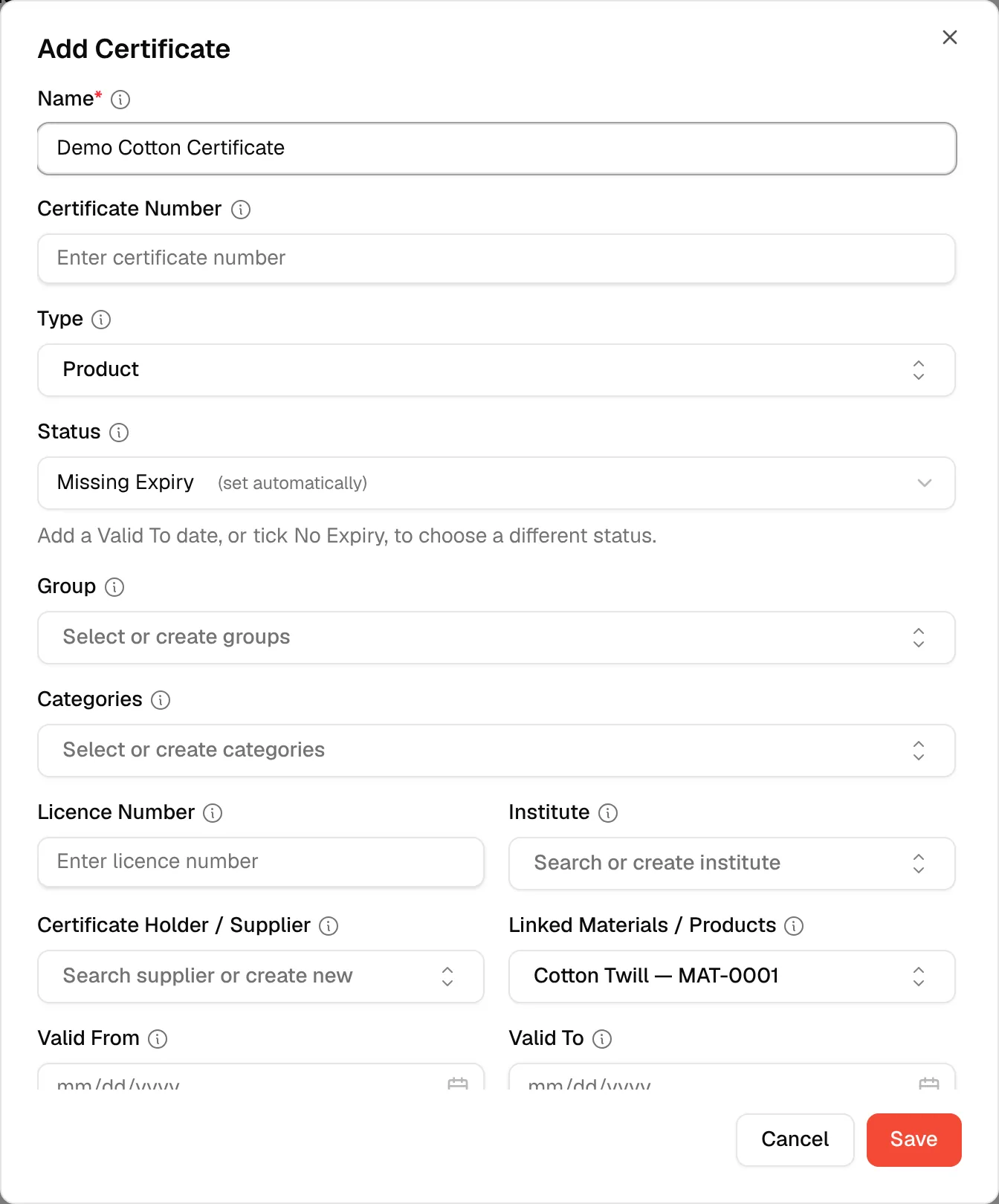The Add Certificate dialog with a Name entered and the other certificate fields below it