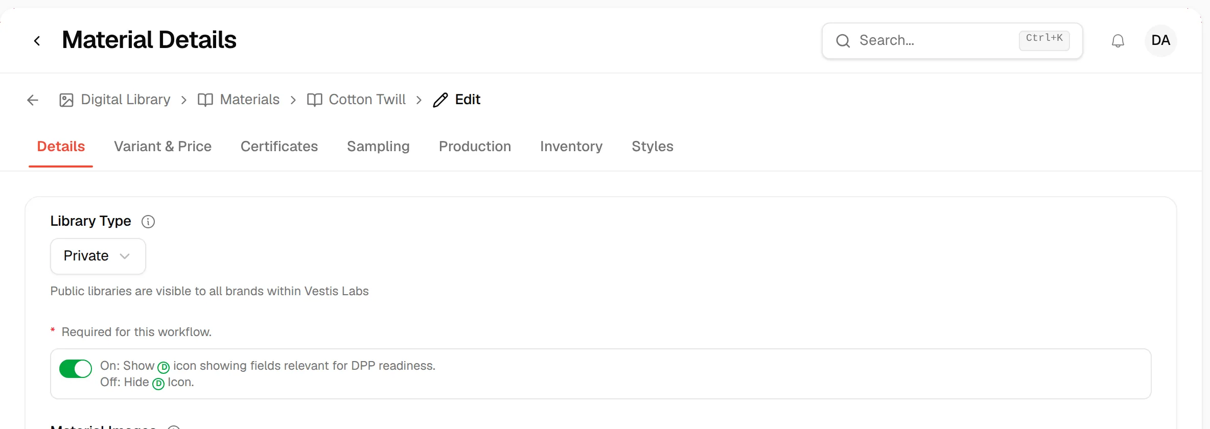 The tab row of a material with Details selected and Variant & Price, Certificates, Sampling, Production, Inventory and Styles beside it