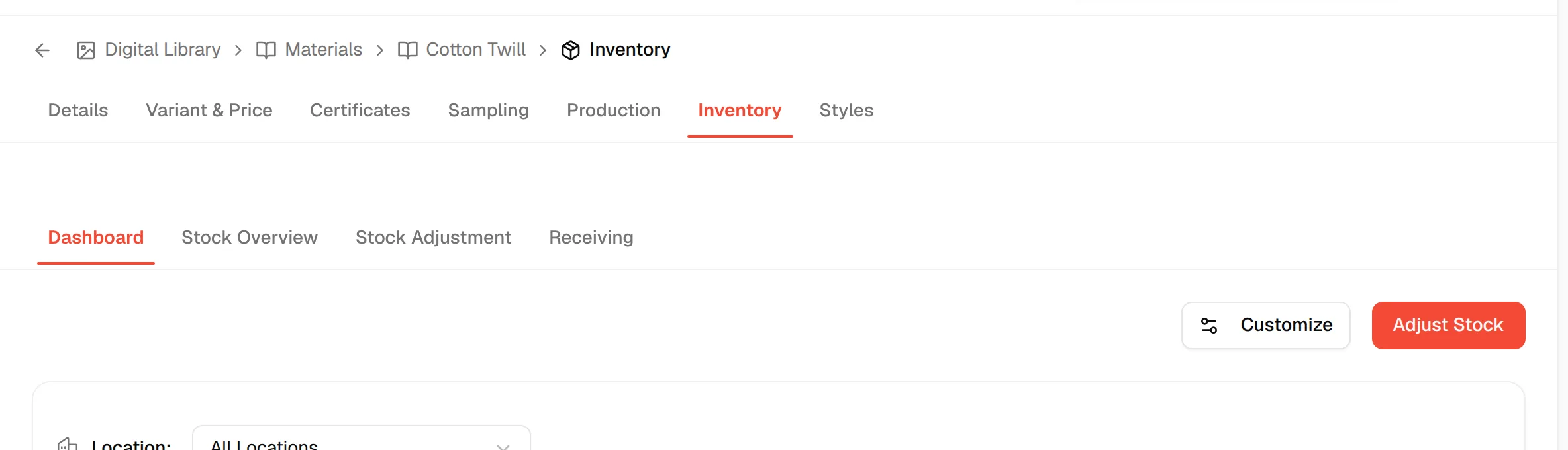The tab row of a material with Inventory selected and the Dashboard, Stock Overview, Stock Adjustment and Receiving tabs below it