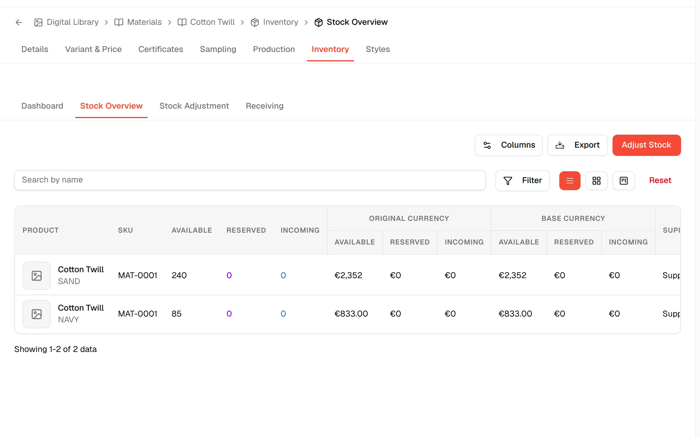 The Stock Overview tab listing one stock line for each colour of the material with available, reserved and incoming quantities