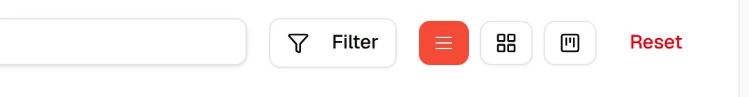 The List view, Grid view and Kanban view buttons next to the Filter button