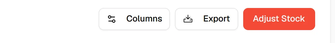 The Columns, Export and Adjust Stock buttons at the top right of the Stock Overview tab