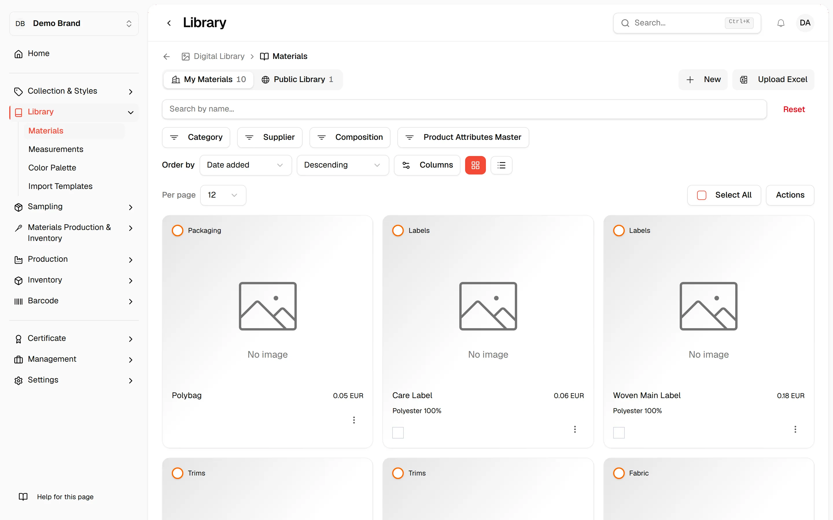The Material Library with the My Materials and Public Library tabs, the filters and a grid of material cards