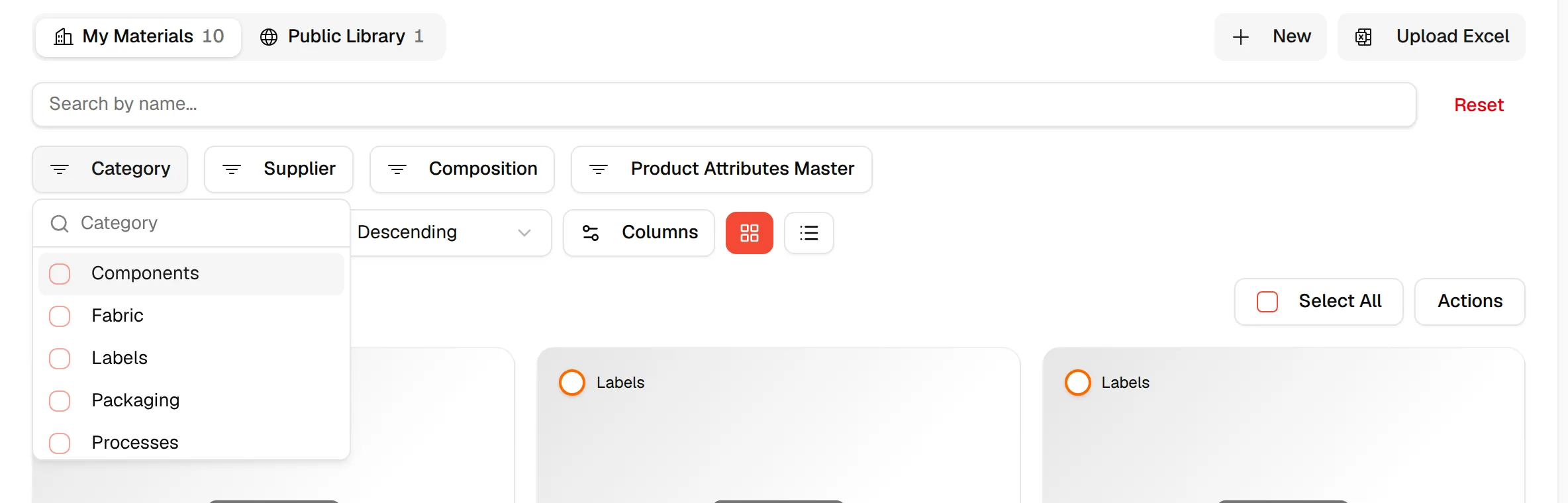 The Category filter open under the search field, listing the categories you can select