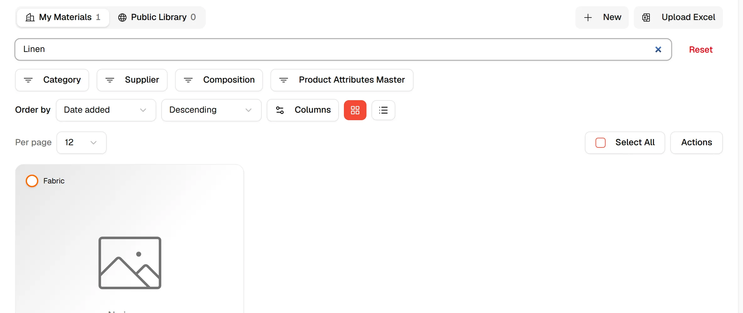 A search for "Linen" narrowing the list to one material, with the Reset button at the right of the search field