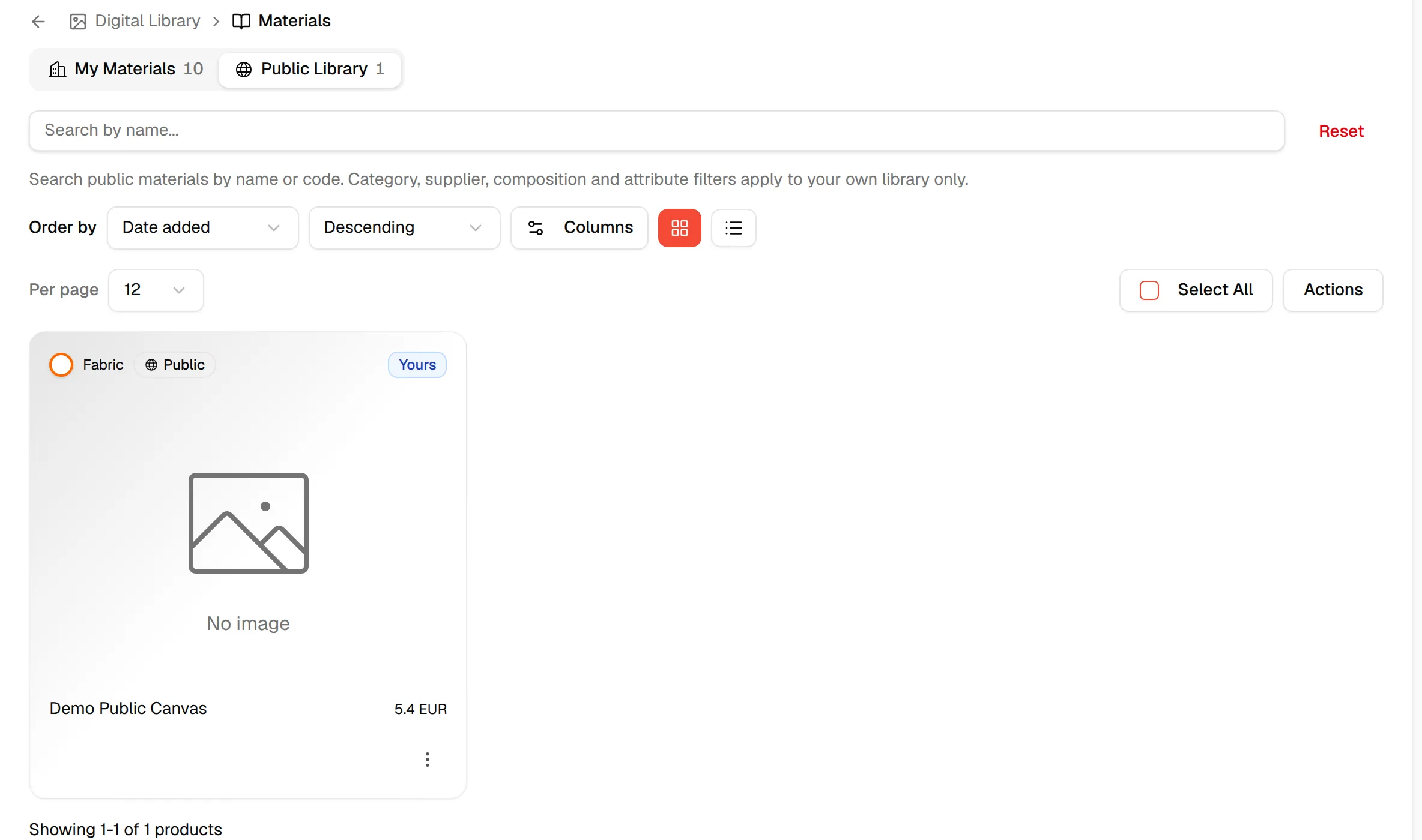 The Public Library tab selected; one public material with the Yours badge and no brand filters