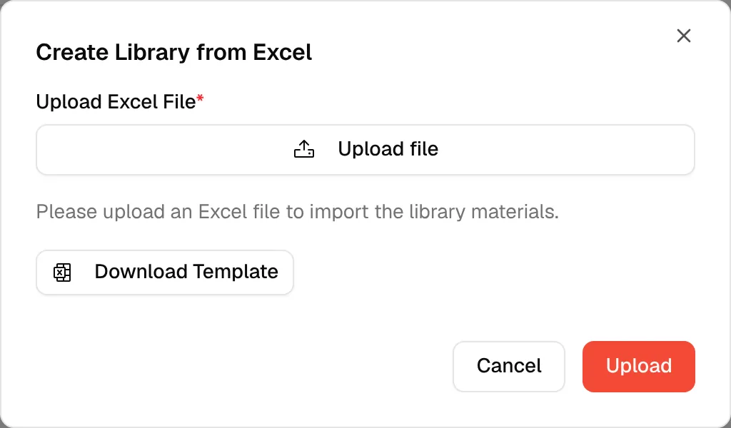 The Create Library from Excel dialog with the Upload file field and the Download Template button