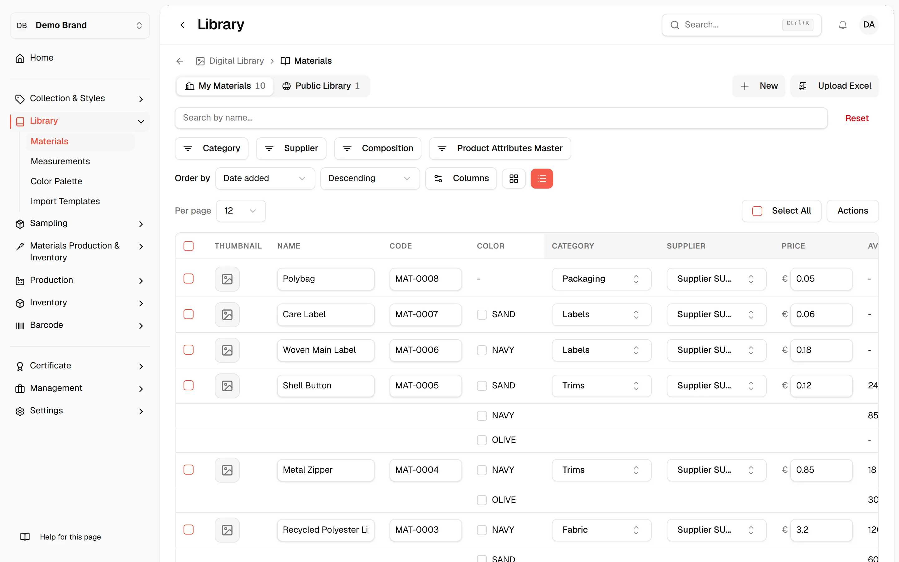 The table view of the Materials list with the Columns button next to the view buttons