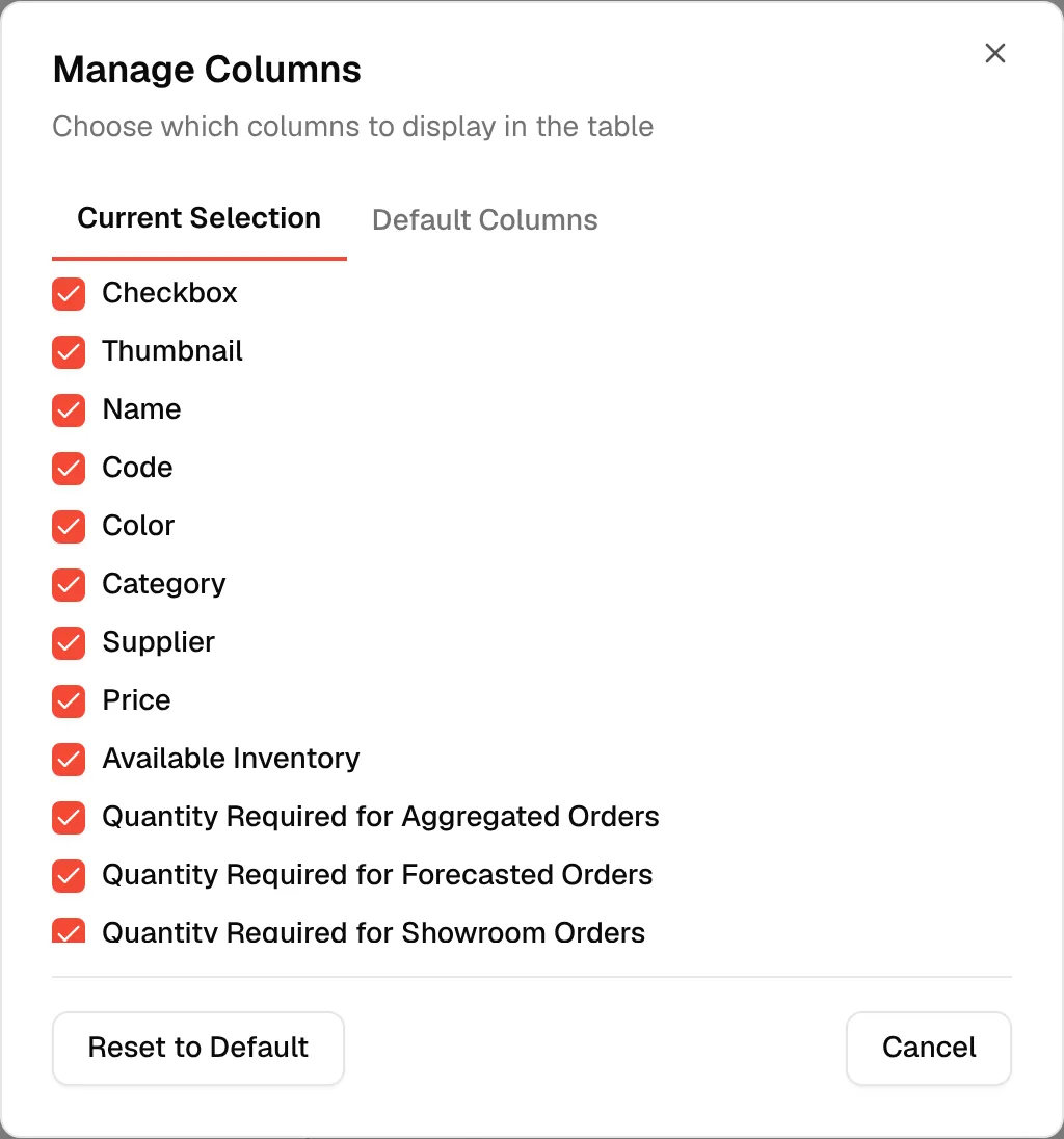 The Manage Columns dialog with the Current Selection and Default Columns tabs and one checkbox per column