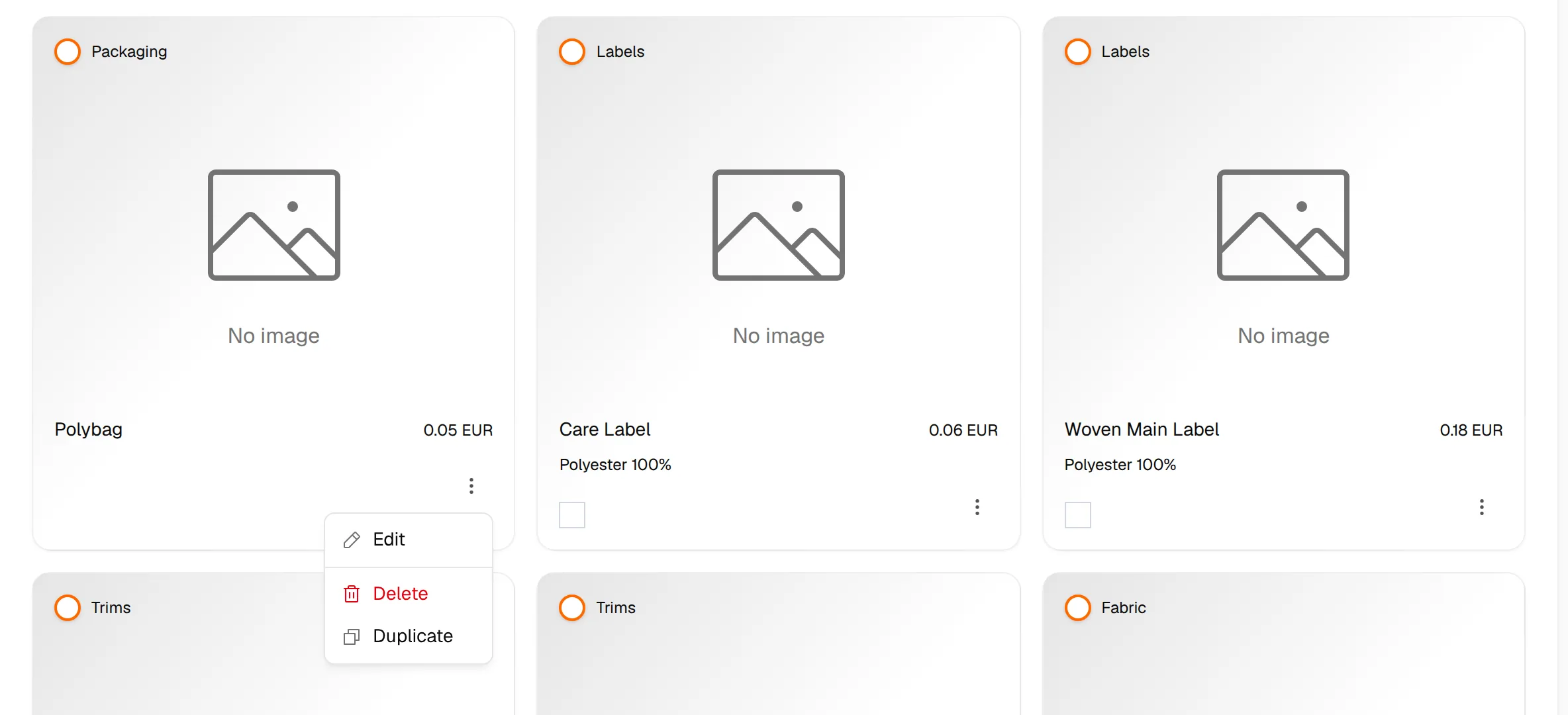 The three-dots menu on a material card open with Edit, Delete and Duplicate