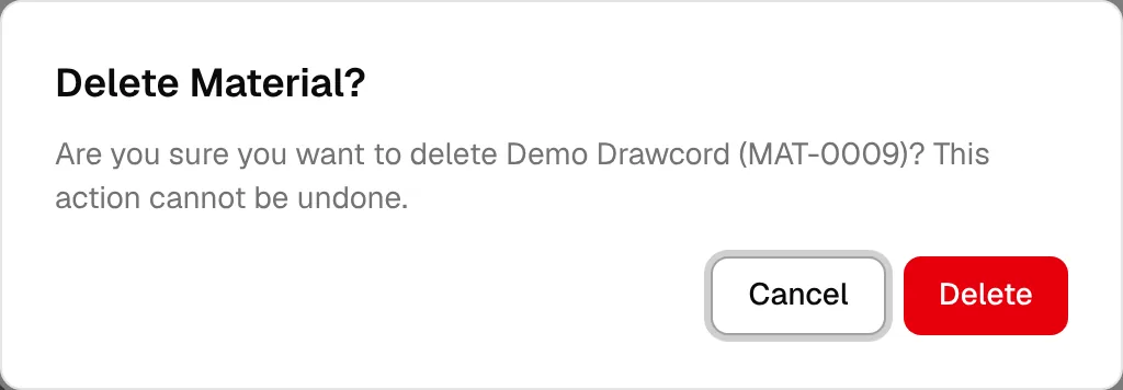 The Delete Material? dialog asking you to confirm before an unused material is deleted