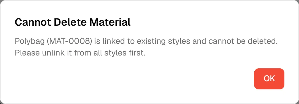 The Cannot Delete Material dialog telling you to unlink the material from all styles first